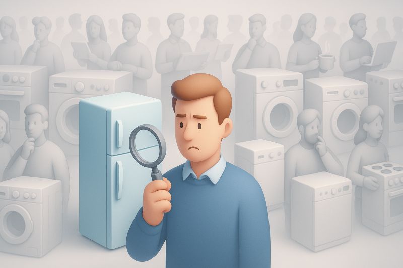 Illustration showing confusion and frustration when choosing home appliances with too many similar options