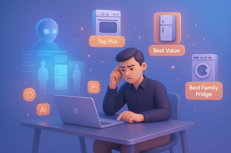 Illustration showing the complexity and overwhelming nature of home appliance shopping decisions