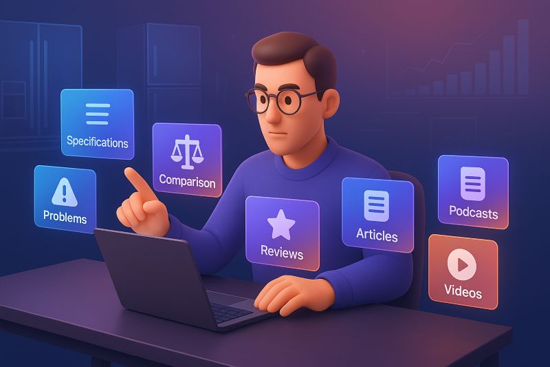 Illustration showing comprehensive learning resources including specifications, comparisons, reviews, and expert content for appliance research
